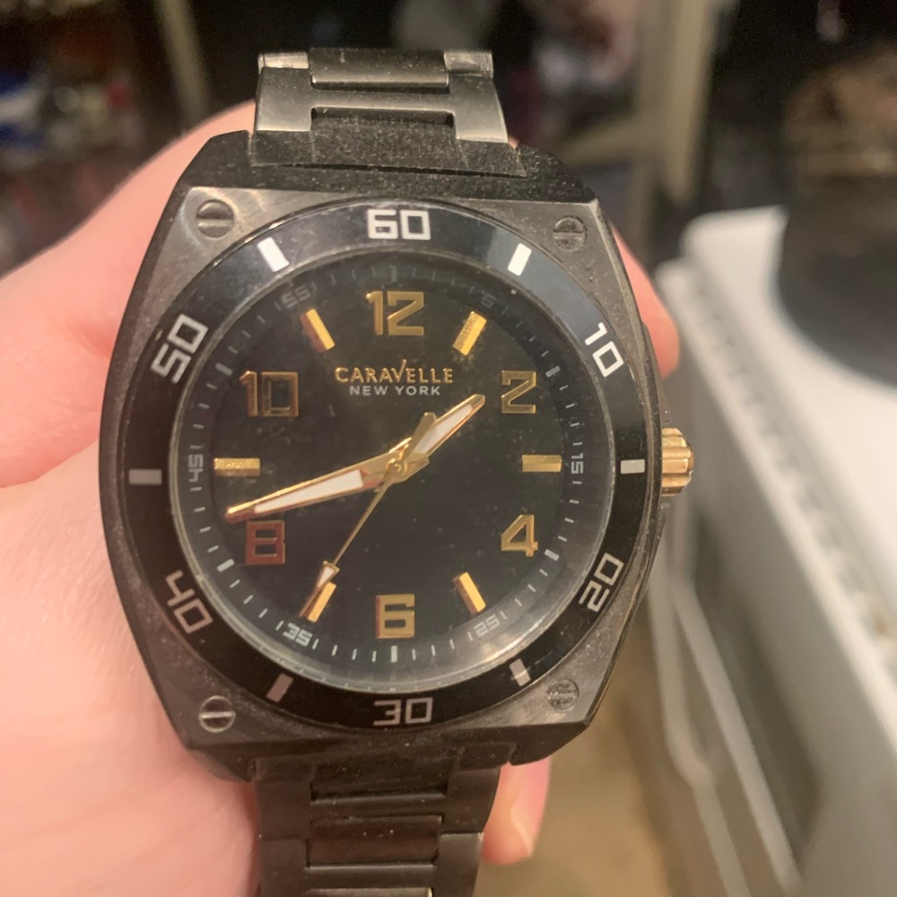 Stunning Bulova Caravelle Rare Gunmetal Grey and Gold Watch Gorgeous!